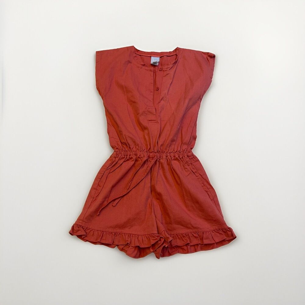 Bella Bliss Girls Size 8 Rust Mauve Pink Cotton Henley Ruffle Hem Short Romper